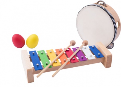 Woody Muzikální set xylofon tamburina bubínek triangl 2 maracas vajíčka