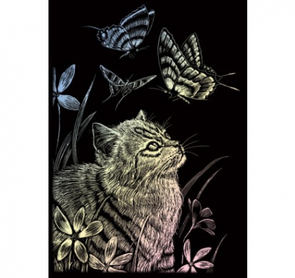 Seškrabovací obrázek - mini - Hologramický - Kočka s motýlem