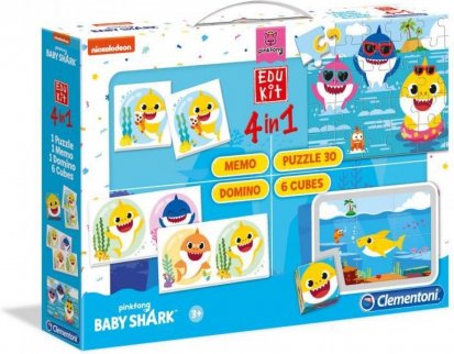 Clementoni EDUkit – Baby Shark 4v1 (pexeso, 60 puzzle, domino, 6 kostek)